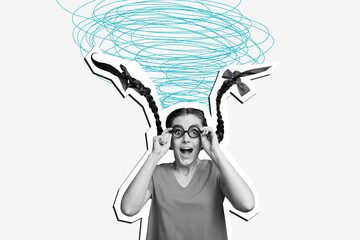 Collage picture of crazy cheerful happy woman wear glasses have fun good mood solated on drawing background