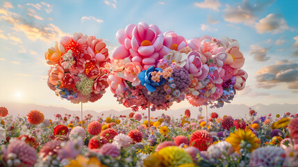 Surreal Floral Bouquet Balloons: Balloons shaped like oversized floral bouquets float through a garden of whimsical blooms against a sky of gradient pastels.


