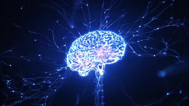 A brain with a blue glow surrounding it. Glowing Neural Brain Animation