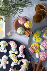 Christmas marshmallows. Winter candy. Sweet food in December. Cocoa drink cup