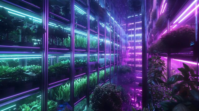 A science laboratory with neon lights. Futuristic plant growing, digital smart farm, agronomy business, data technology, modern agriculture, organic food industry, internet menagment, ecology biology