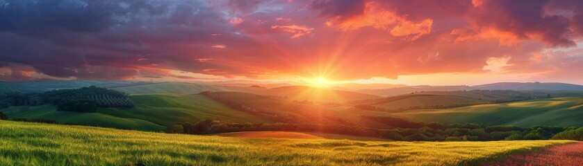   Countryside Sunset Focus on a peaceful sunset over rolling hills and farmlands, with vibrant colors 