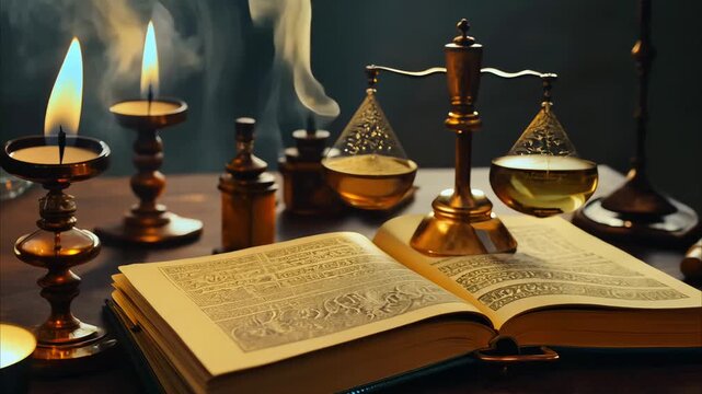 alchemist's table with antique books and various flasks and instruments for chemical experiments, mysterious atmosphere