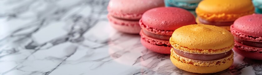 Macarons on Marble Surface Focus on colorful macarons on a marble surface, with a clean and elegant background, empty space right for text  