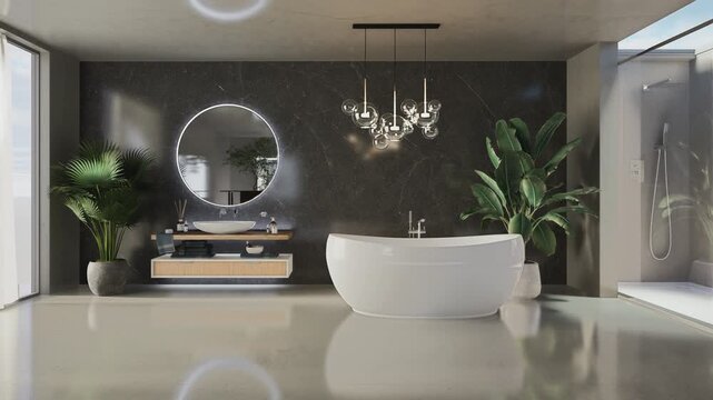 3D render of stone bathroom with shower. Elegant marble tiling with round bathtub. Zoom-out shot.