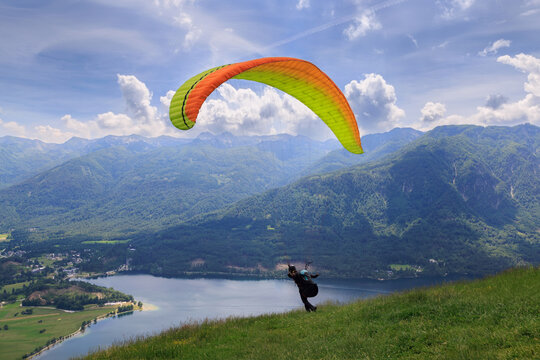 Paragliding in near lake Bohinj, Julian Alps, Slovenia. Paragliding in Slovenia near lake Bohinj, Julian Alps region