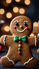A festive gingerbread man, complete with icing details and a green bow tie, sits on a sugar-dusted table, accompanied by a warm candle and a bowl of cookies