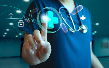 Futuristic digital healthcare, telemedicine and biotechnology. Woman doctor touching virtual of medical cross sign.