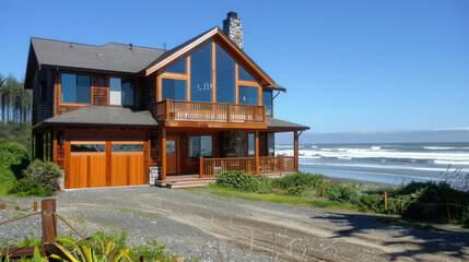 Obraz premium A modern wooden house overlooking the ocean with large windows and a beautiful beachfront view on a sunny day.