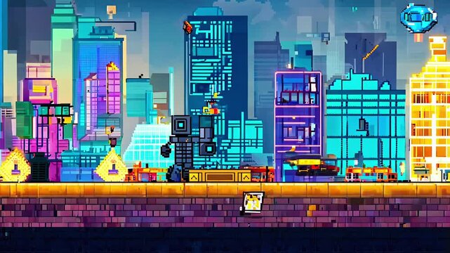 pixel art scene featuring a robot walking through a bustling city. cityscape with neon lights and buildings