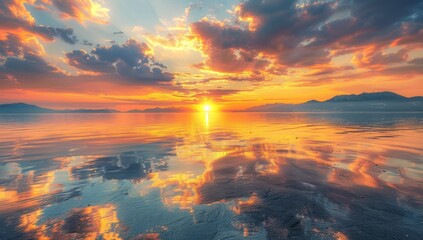 Beautiful landscape sunset with golden orange sky on sea water reflection.