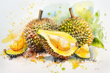watercolor durian beautiful fruit ,white background