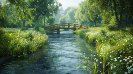Obraz premium Peaceful countryside river scene with lush greenery, wildflowers, and a wooden bridge, Peaceful countryside river scene, rural charm
