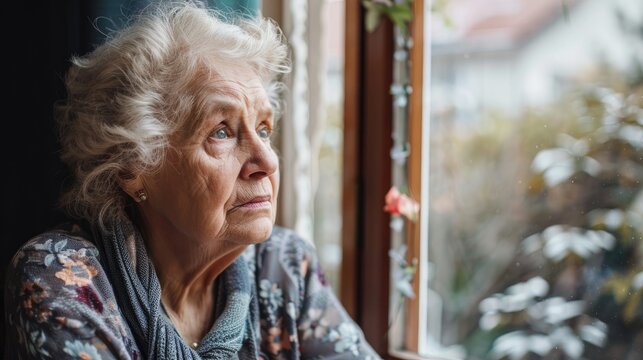 Senior woman contemplating by the window in a nursing home reflecting on memories and finding peace