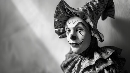 Obraz premium Harlequin Puppet Handcrafted in Del Arte Style on White Background with Spotlight Shadow Selective Focus in Black and White