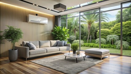 Sleek air conditioning unit blends seamlessly into modern living room's clean lines, surrounded by lush greenery and natural light.