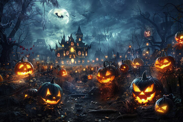 Halloween haunted house moonlight in spooky scary night forrest town scene with pumpkins in woods