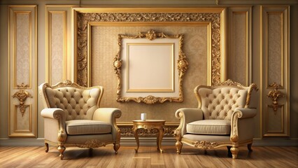 Cozy room with two plush armchairs facing each other, surrounded by warm beige walls and a large ornate golden picture frame.