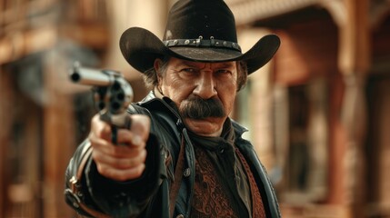 Heroic cowboy in leather shooting villainous cowboy with mustache in old west street