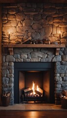 Fototapeta premium A stone fireplace with a crackling fire, casting a warm glow across the room, complemented by a stack of logs and a large copper pot for a homely feel