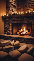A stone fireplace with a crackling fire, casting a warm glow across the room, complemented by a stack of logs and a large copper pot for a homely feel