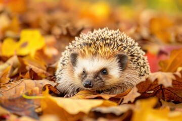 Fototapeta premium A cute European hedgehog curled up in a ball on a bed of autumn leaves