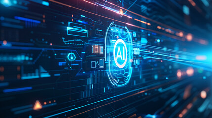 a sleek digital AI interface with a holographic AI icon and floating data streams, perfect for themes of technology, data processing, and artificial intelligence, holographic AI, d