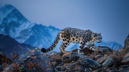 In the late afternoon, a snow leopard prowls the rocky mountainside in search of prey