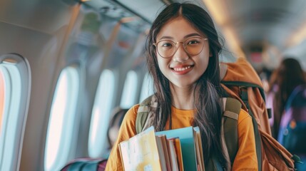 Passionate Asian female student on a plane holding textbooks excitedly looking forward to her academic journey abroad