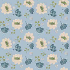 botanical seamless pattern, flowers on blue background. fantastic Bright unusual plant wallpaper for wrapping gifts, packaging paper, fabric, scrapbook