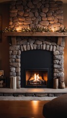 A cozy stone fireplace with a warm fire burning inside, creating a comfortable and inviting atmosphere, with a stack of firewood and a large copper pot nearby