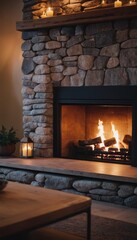 Obraz premium A cozy stone fireplace with a warm fire burning inside, creating a comfortable and inviting atmosphere, with a stack of firewood and a large copper pot nearby