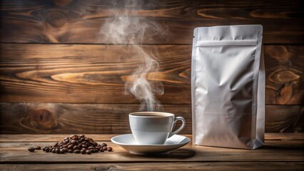 Minimalist coffee house ambiance with elegant white foil bag packaging design on rustic wooden table beside a steaming coffee cup.