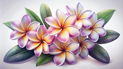 Delicate, intricate illustration of exotic plumeria blossoms in serene white and regal purple hues, isolated on a clean background.
