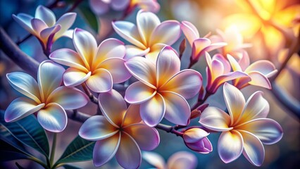 Fototapeta premium Exquisite generative AI illustration of delicate, fragrant plumeria blossoms in soft white and rich purple hues against a pristine background.