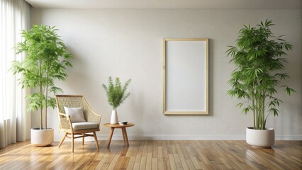 Minimalist interior scene featuring a high-definition 3D frame on a pristine white wall amidst a serene bamboo floored room setting.