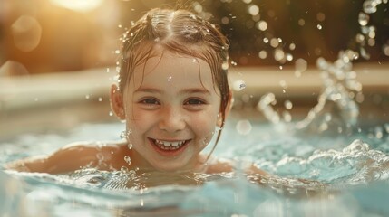 Family joy Adorable young girl enjoying a splash in the pool at a villa learning to swim with outdoor fun