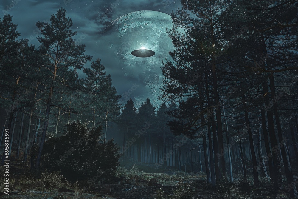 Poster a mysterious image showing a ufo hovering over a dark, dense forest under the eerie glow of moonligh
