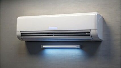 Modern sleek air conditioning unit displayed on a wall with a WiFi signal icon and various control buttons illuminated.