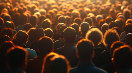 Obraz premium Overhead view of a densely packed crowd from behind, all facing towards a single point of interest in the distance.