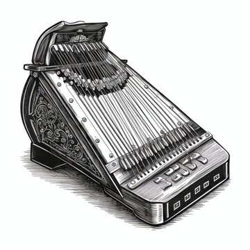 recommend clip art: Black and white Vintage engraved art of a autoharp isolated on white background, ink sketch illustration, simple vector art design, highly detailed line art, high contrasty