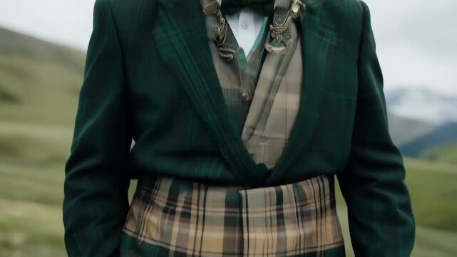 Traditional tartan kilt in scenic highland landscape