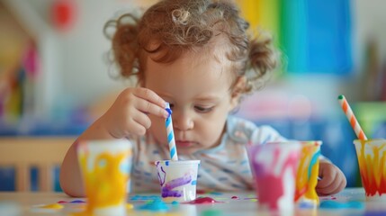 Multi cultural daycare Toddlers playing with striped straws and milk paint using safe food coloring Creative children s activity for cognitive development and fine motor skills