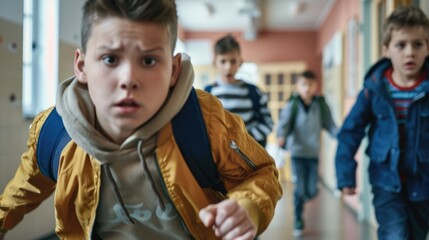 Schoolboy looking scared as he is bullied by a classmate in the school corridor with another boy running to his aid