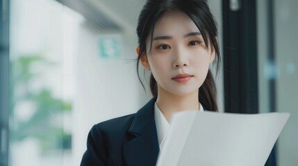 Young Asian female leader standing in front of mirror giving herself a pep talk before a sales pitch holding a script to improve her public speaking skills for career advancement