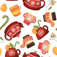 Watercolor seamless pattern with Christmas hot drinks on white background. New Year teapot, mug of cocoa with whipped cream, cup of coffee, ginger tea, lemons illustrations