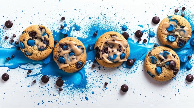 row of chocolate chip cookies with blue and brown chocolate chips, splashed with a vibrant blue glaze.