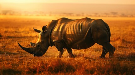 Fototapeta premium White rhinoceros grazing in the african savanna, bathed in the warm glow of the setting sun