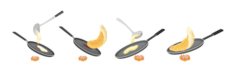 Tasty Pancake Cooking Process with Utensil Vector Set