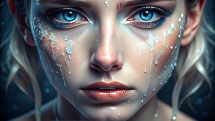 Delicate porcelain skin, glistening tears, and vibrant blue eyes convey profound sorrow in a hauntingly beautiful, emotional close-up portrait.